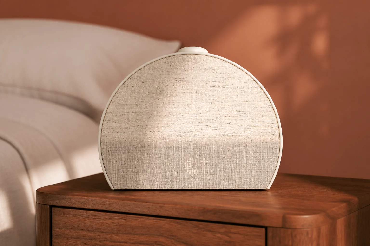 Cream fabric Hatch Restore 3 with its top dial on a walnut bedside cabinet