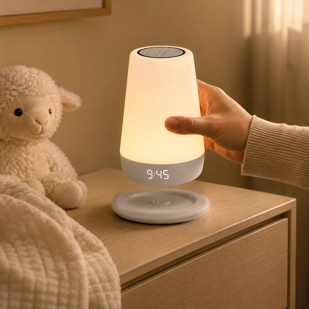 Hatch Rest+ 2nd Gen portable night light lifted from its charging dock