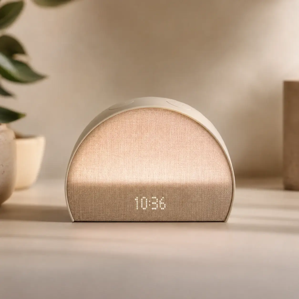Hatch Restore 2 Smart Sound Machine Alarm Clock on a minimalist bedside table in a calm bedroom setting