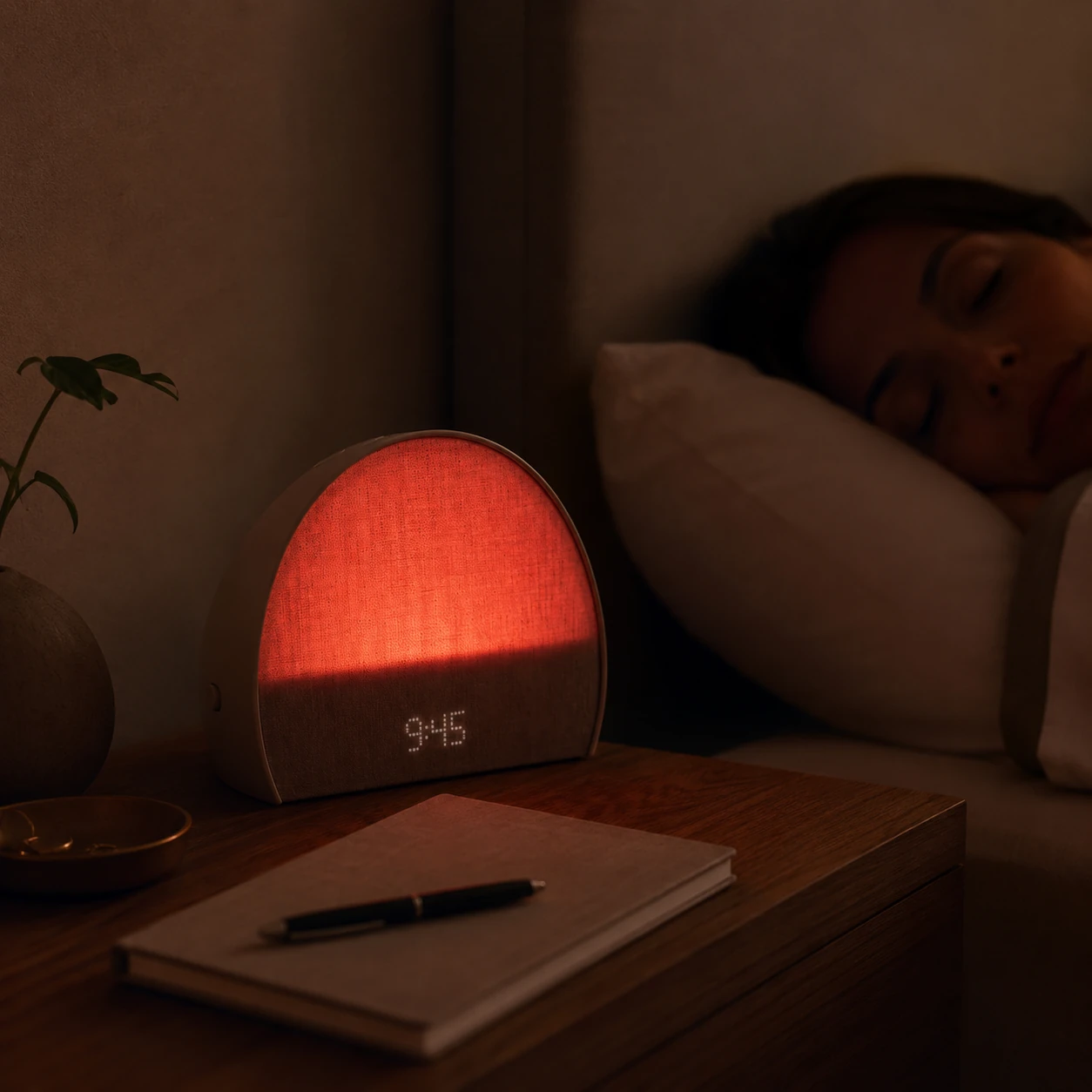 Hatch Restore 2 Smart Sound Machine Alarm Clock casting a warm bedside glow at night