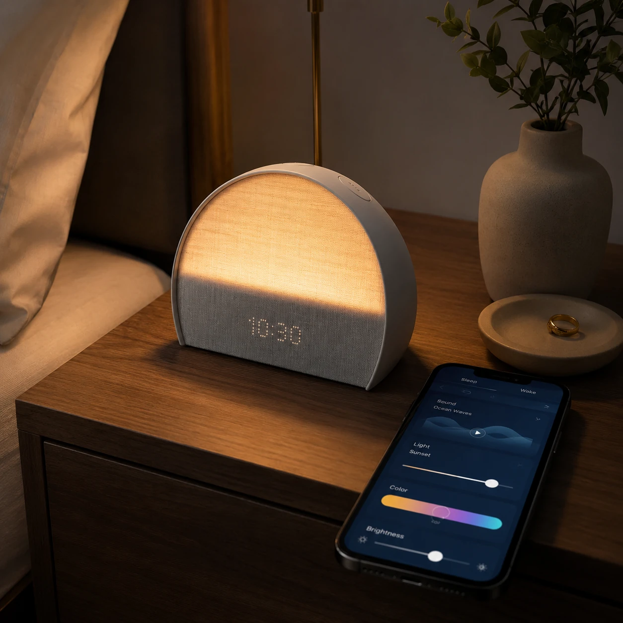 Close-up of Hatch Restore 2 on a nightstand with soft evening lighting