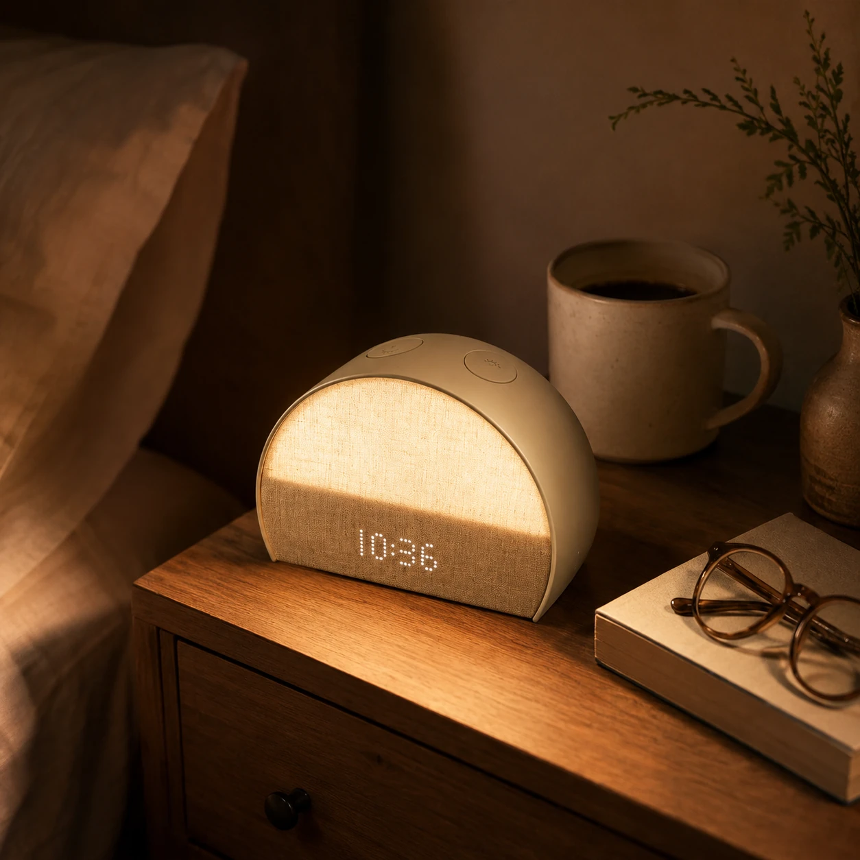 Hatch Restore 2 glowing on a wooden nightstand next to a book, glasses, and a mug