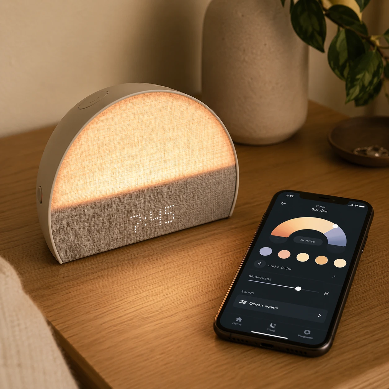 Hatch Restore 2 with sunrise light active beside a phone app interface on a wooden bedside table