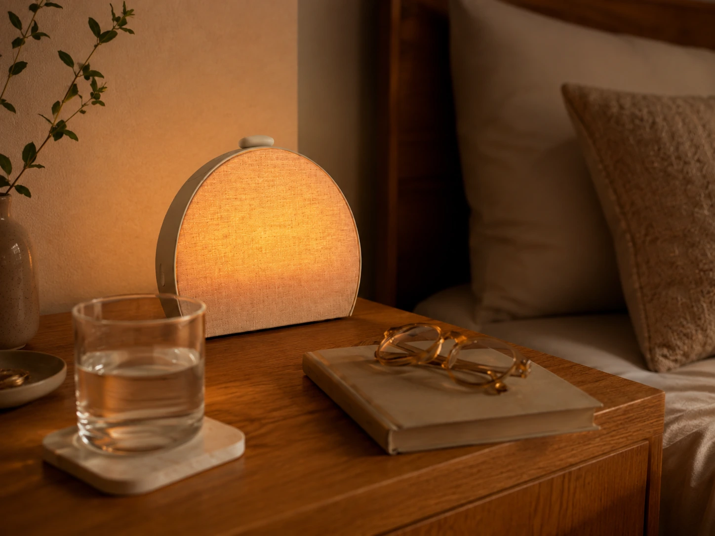 Hatch Restore 3 Smart Sunrise Alarm Clock adding soft light to a cozy bedroom