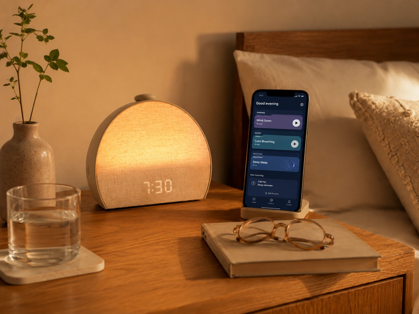 Hatch Restore 3 Smart Sunrise Alarm Clock on a nightstand during quiet nighttime use