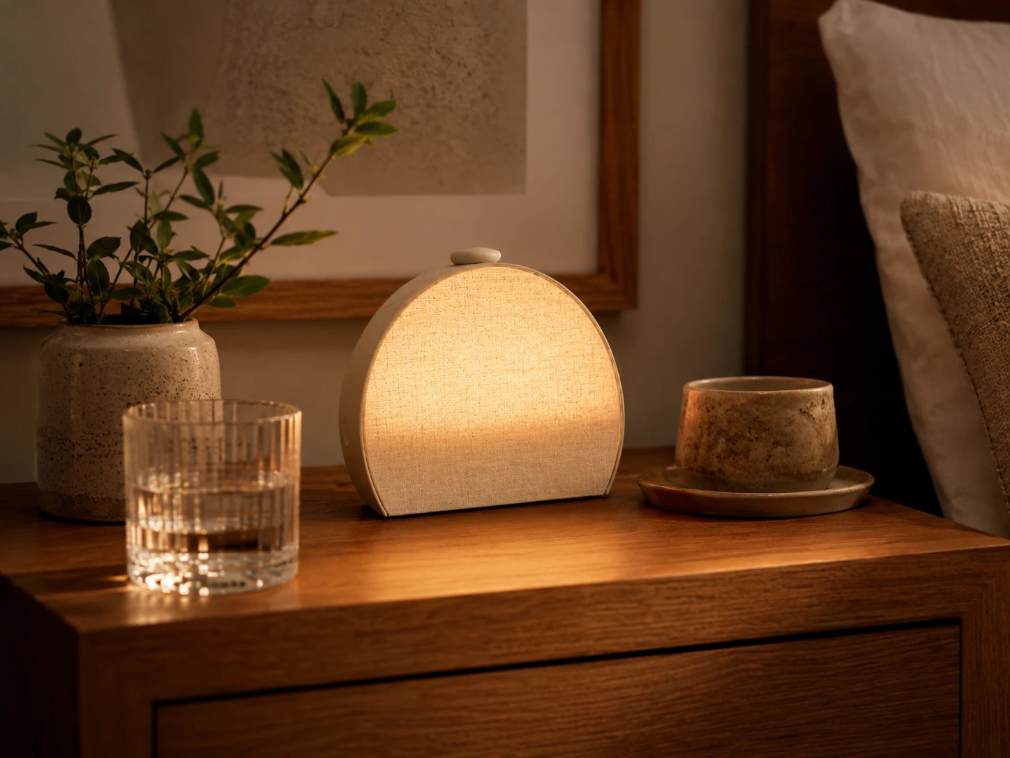 Hatch Restore 3 Smart Sunrise Alarm Clock in a dim bedroom with warm ambient light