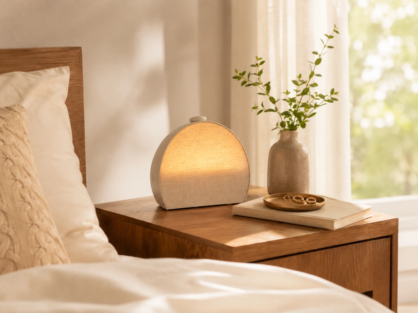 Hatch Restore 3 Smart Sunrise Alarm Clock in a quiet morning bedroom setting