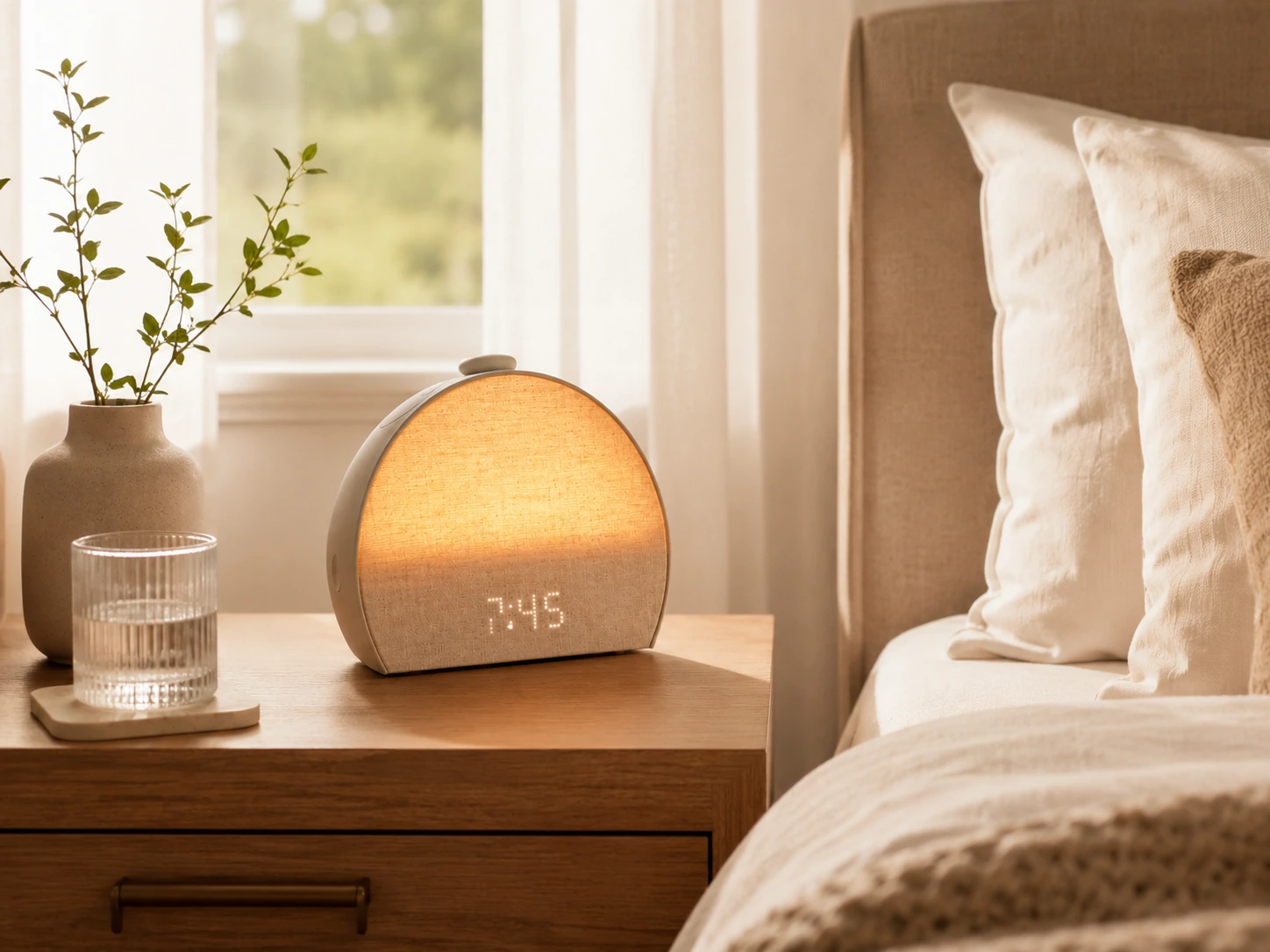 Hatch Restore 3 Smart Sunrise Alarm Clock on a nightstand in warm morning light