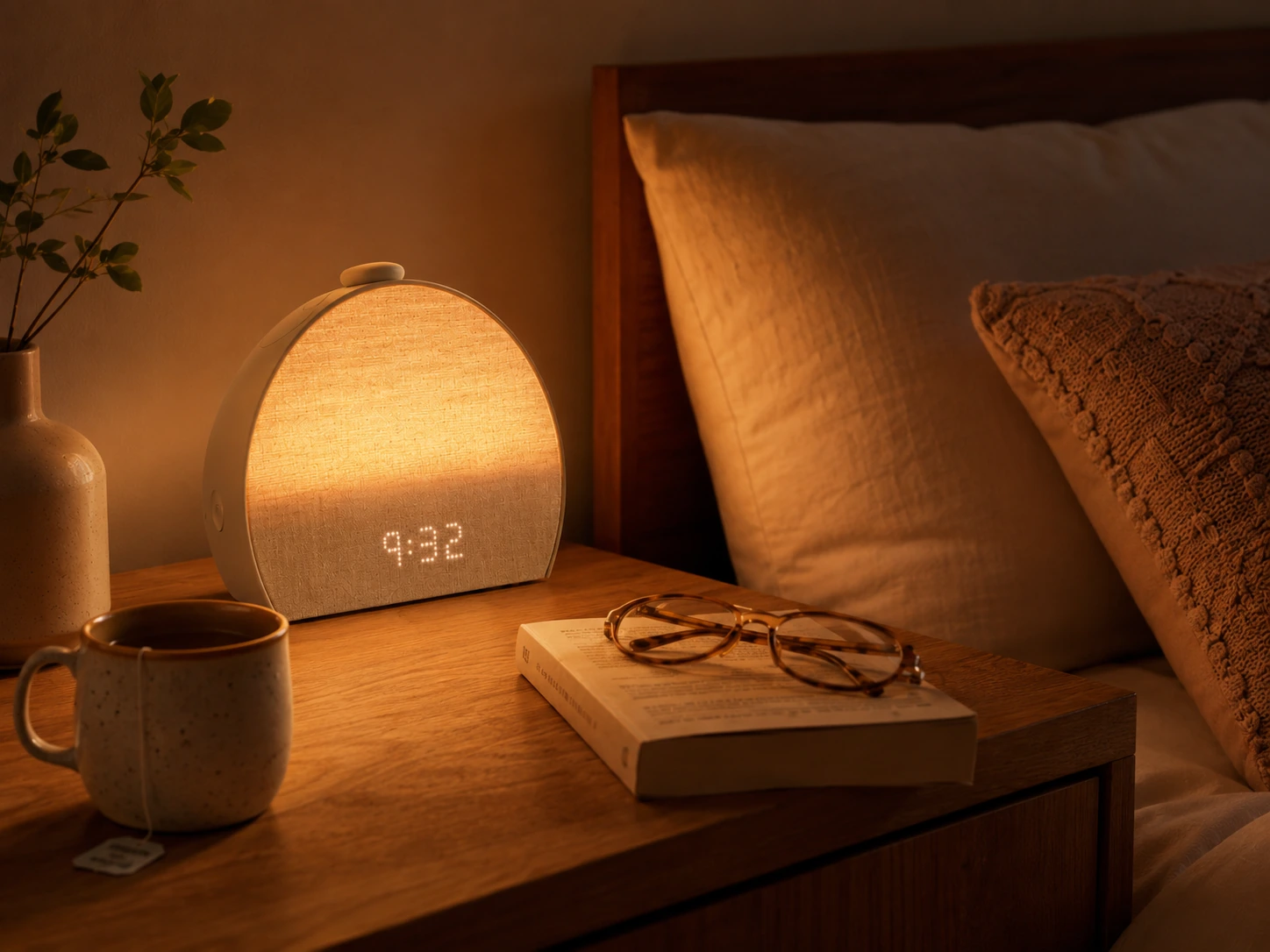 Hatch Restore 3 Smart Sunrise Alarm Clock used as a cozy evening bedside light