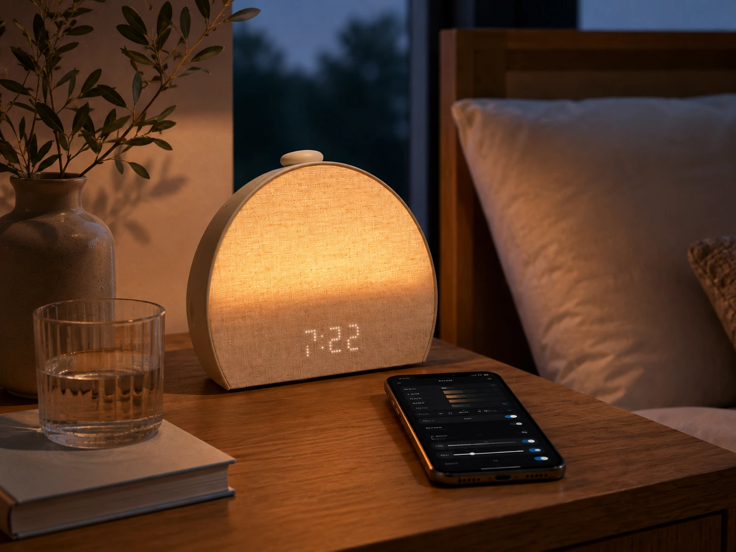 Hatch Restore 3 Smart Sunrise Alarm Clock casting a warm glow on a nightstand