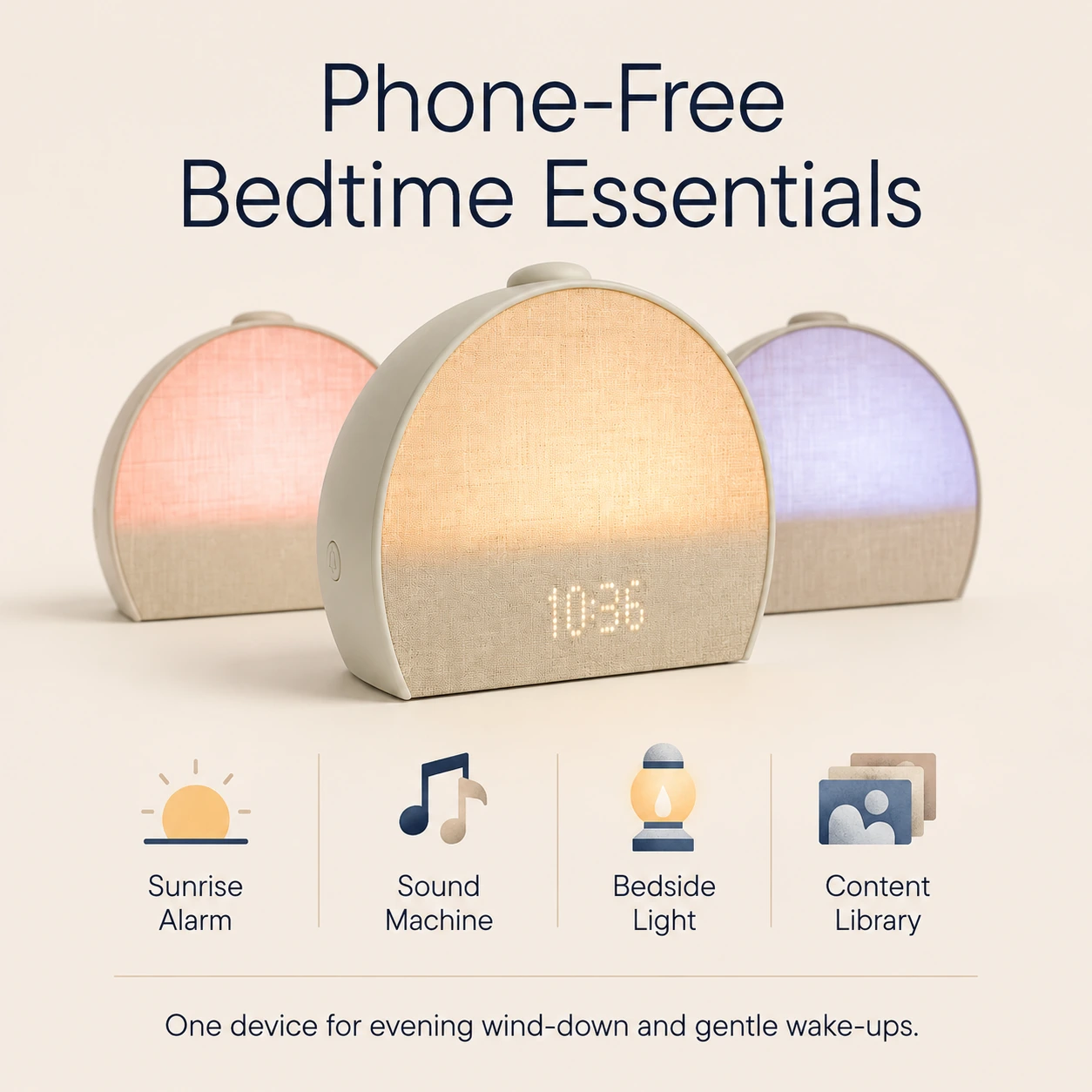 Hatch Restore 3 Smart Sunrise Alarm Clock feature card showing sunrise alarm, sound machine, bedside light, and content library