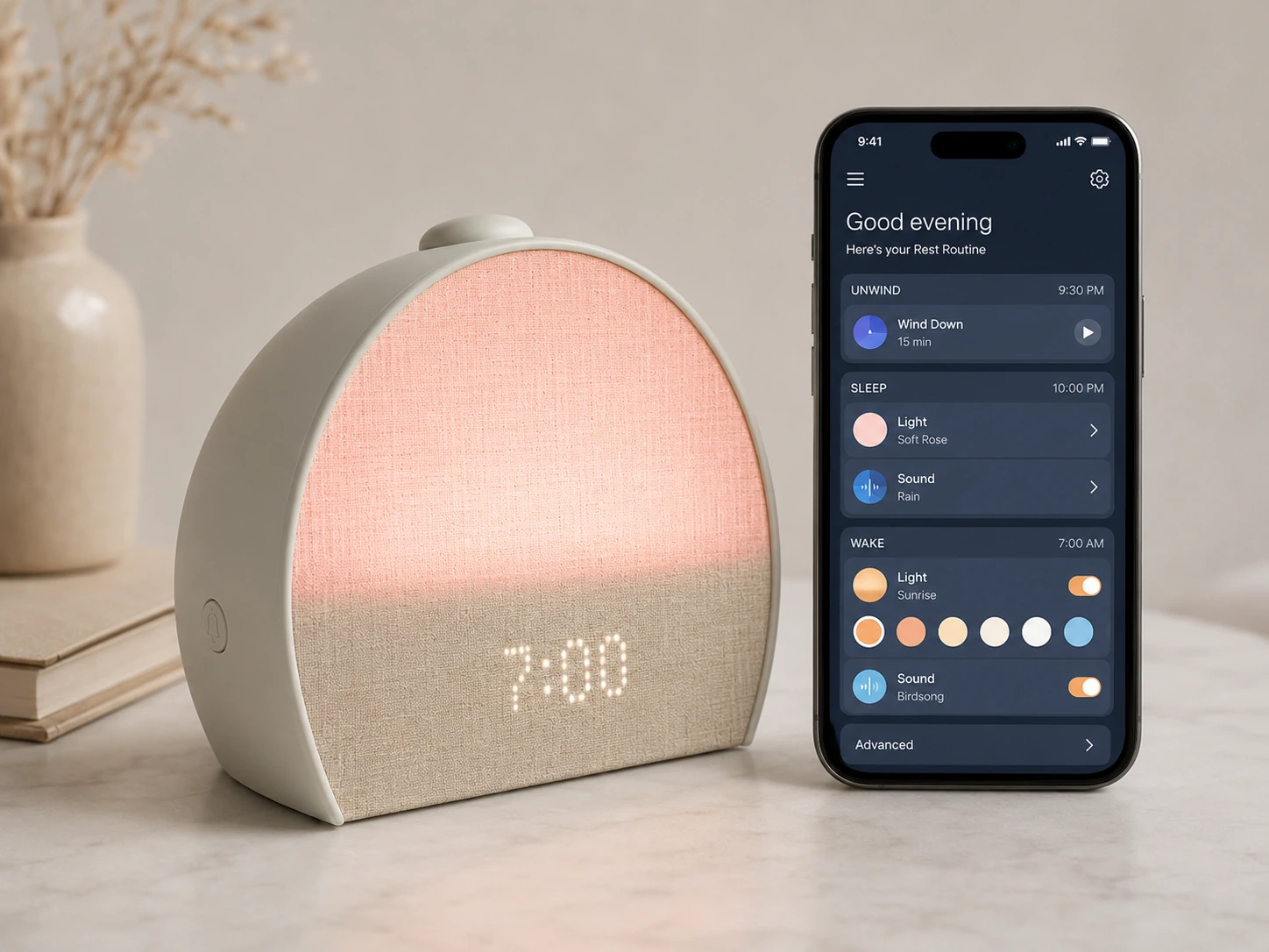 Hatch Restore 3 Smart Sunrise Alarm Clock on a nightstand as a person wakes in morning light