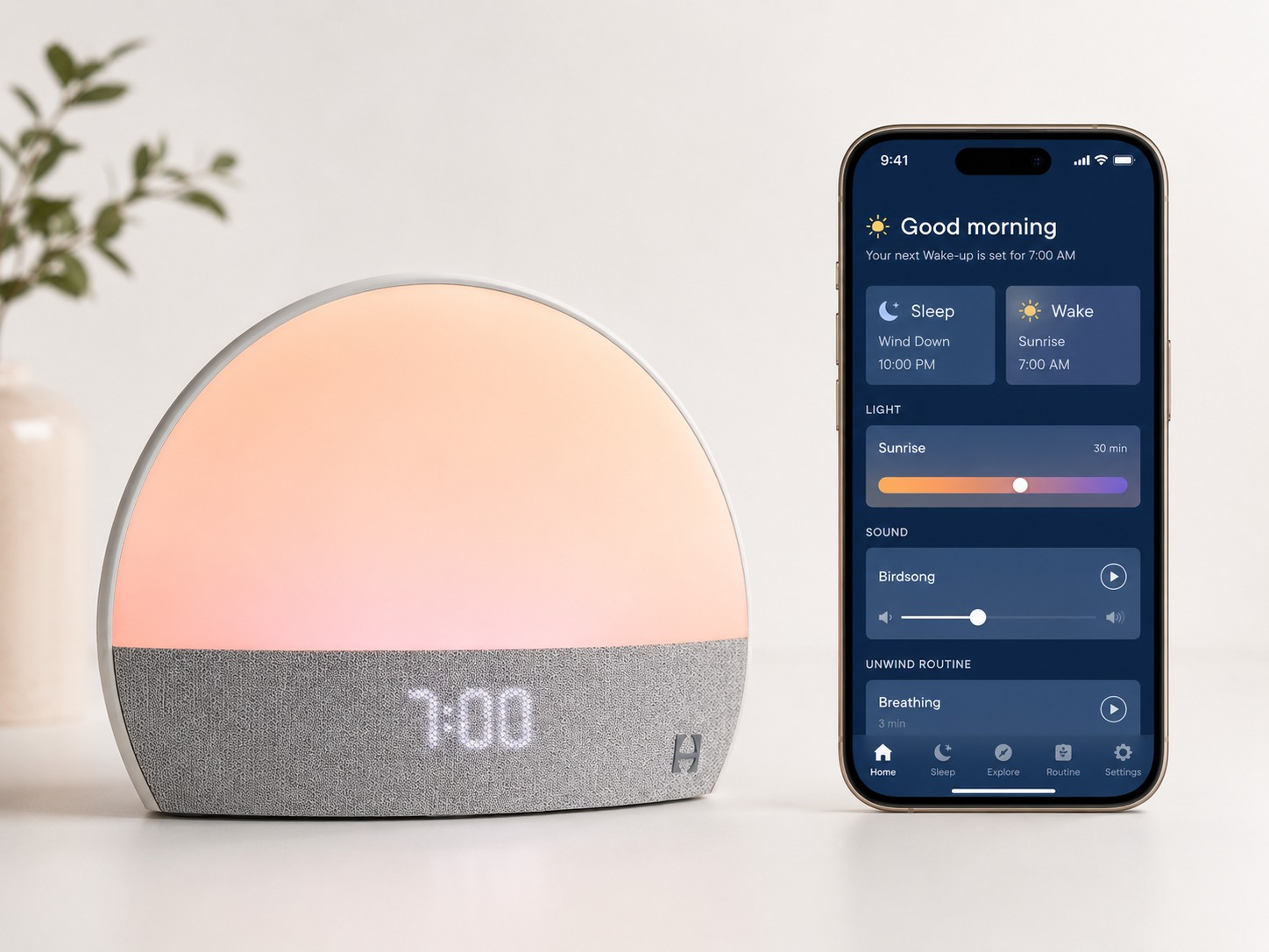 Hatch Restore Smart Alarm Clock next to smartphone app with light and sound controls