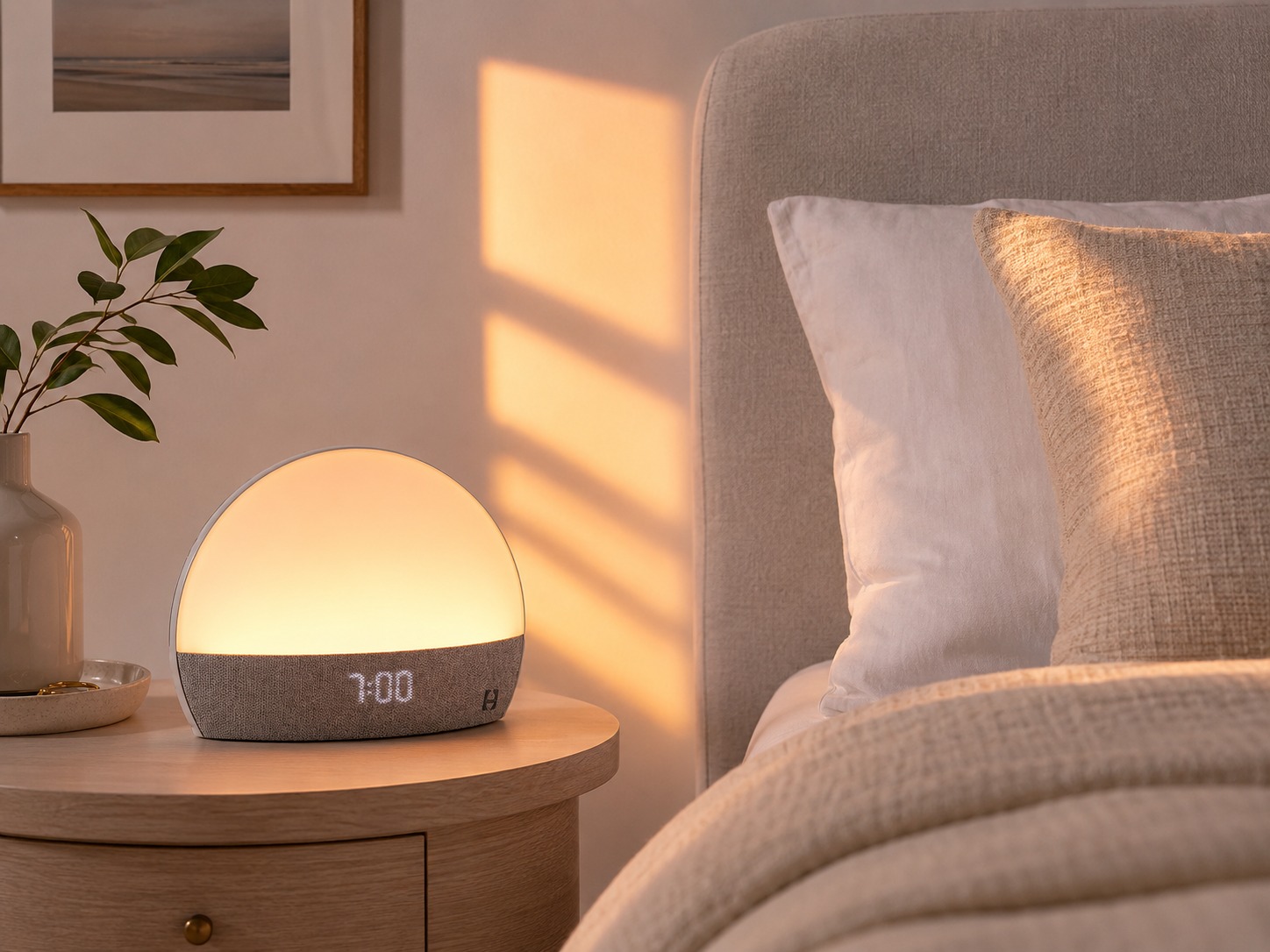 Hatch Restore Smart Alarm Clock on a bedside table with soft sunrise light in a cozy bedroom