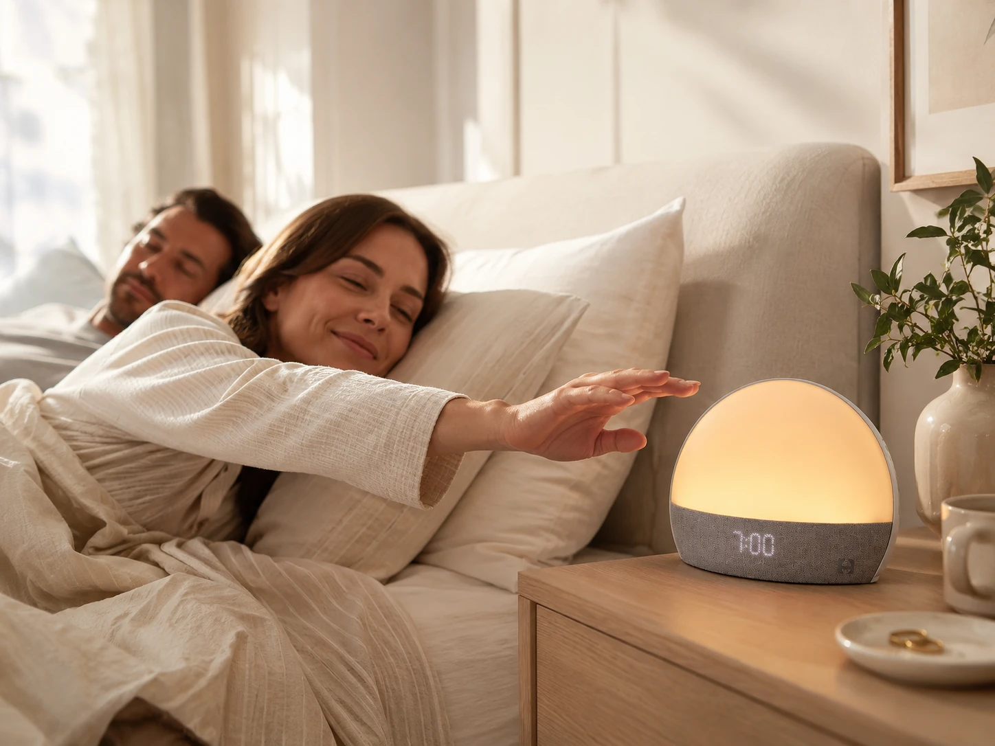 Couple waking up naturally with Hatch Restore sunrise alarm clock on a nightstand
