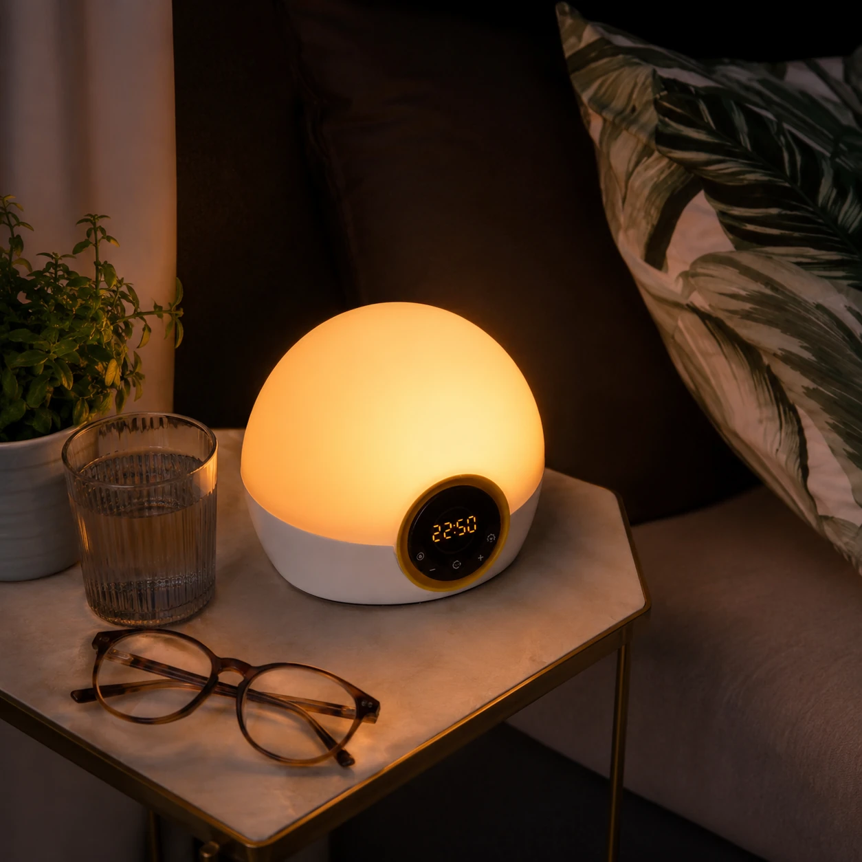 Lumie Bodyclock Rise100 glowing on a bedside table with glasses, a glass of water, and a small plant in a nighttime bedroom setup.