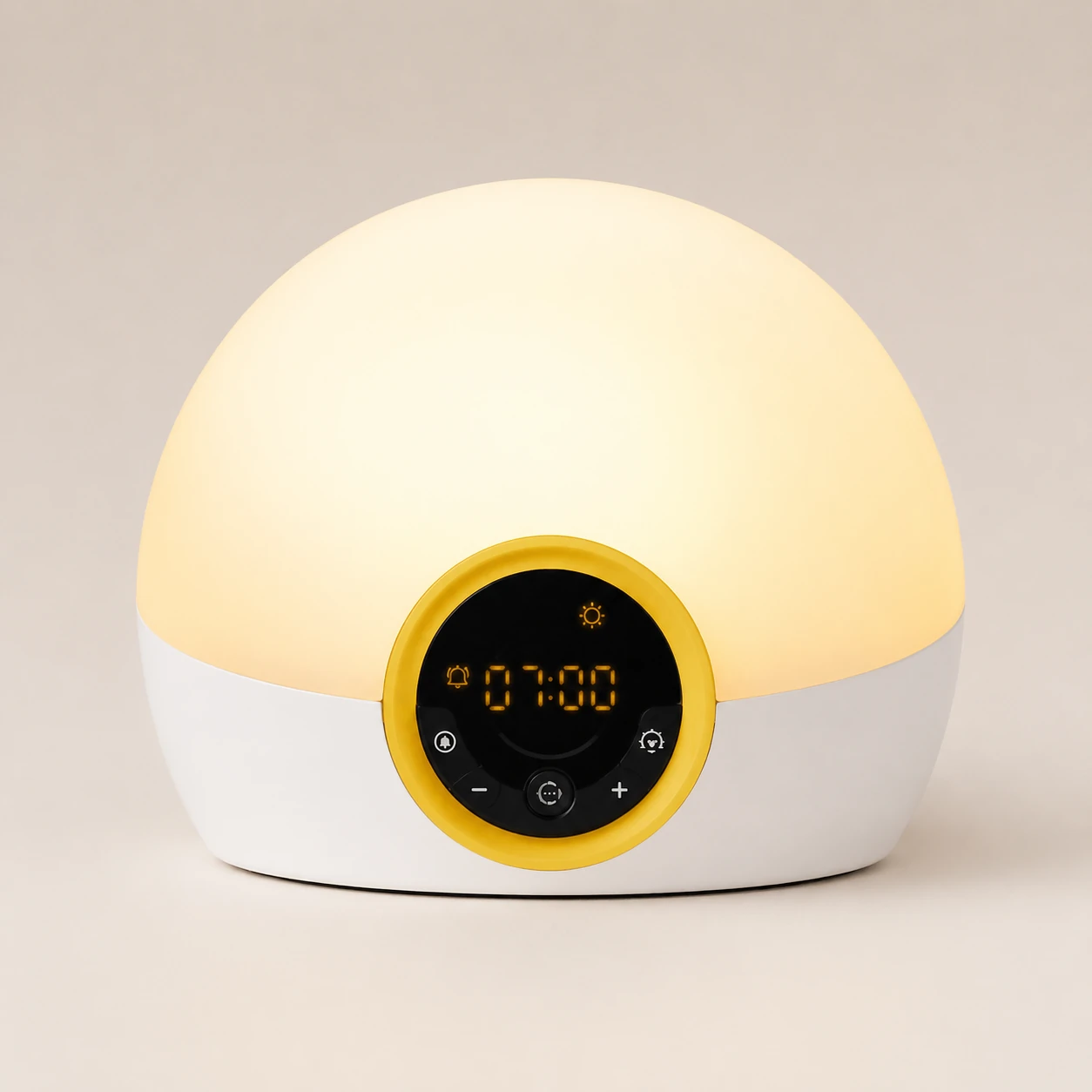 Close-up view of the Lumie Bodyclock Rise100 digital display and control buttons lit in warm white mode.