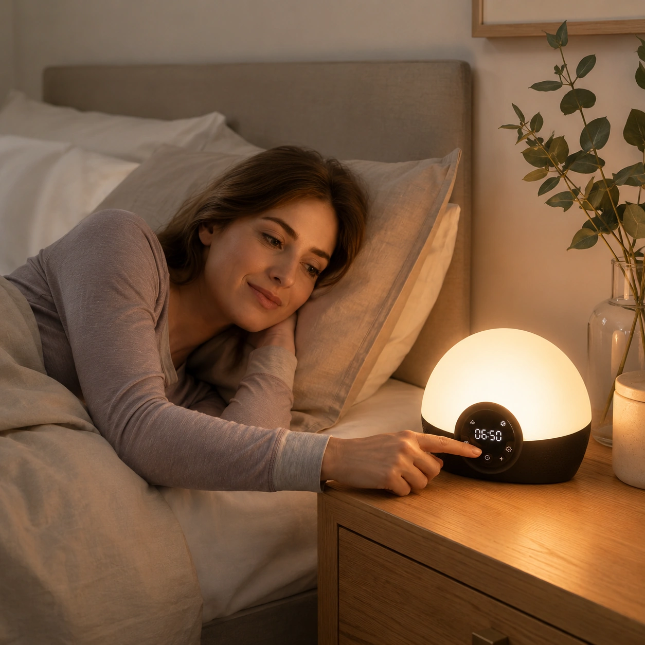 Lumie Bodyclock Rise150 Alarm Clock beside a bed as a woman reaches over to adjust the bedside controls.