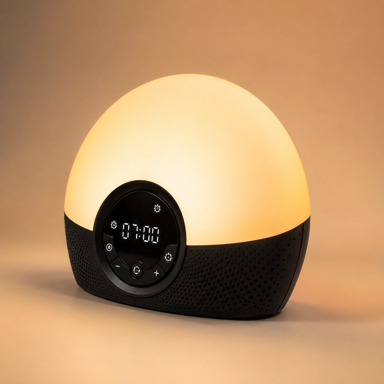 Angled studio product image of the Lumie Bodyclock Rise150 Alarm Clock with orange sunrise lighting.
