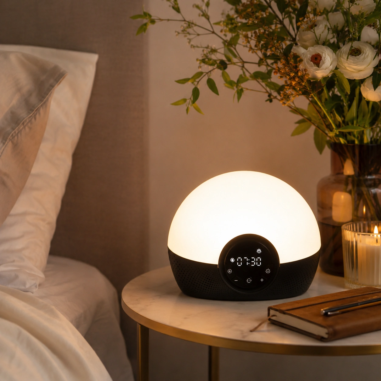 Lumie Bodyclock Rise150 Alarm Clock creating a cozy evening bedroom ambience on a bedside table.
