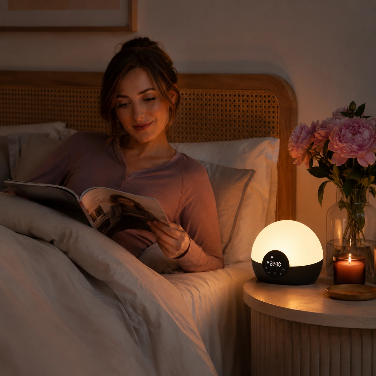 Lumie Bodyclock Rise150 Alarm Clock glowing on a bedside table while a woman reads in bed at night.