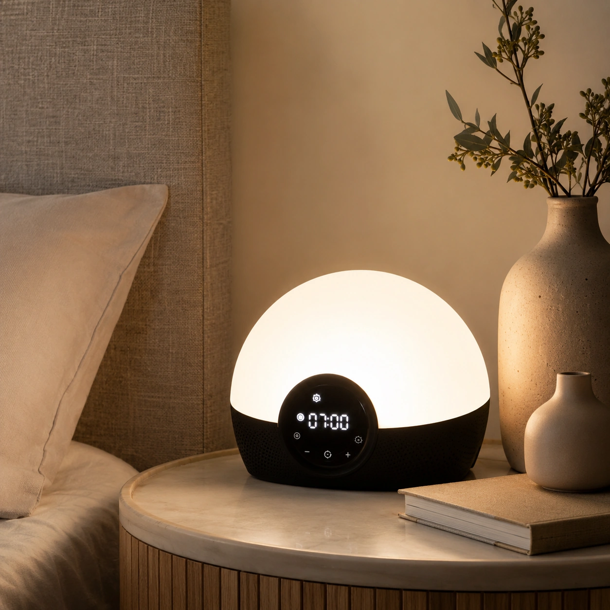 Lumie Bodyclock Rise150 Alarm Clock in red night light sleep mode beside a sleeping woman in a dark bedroom.
