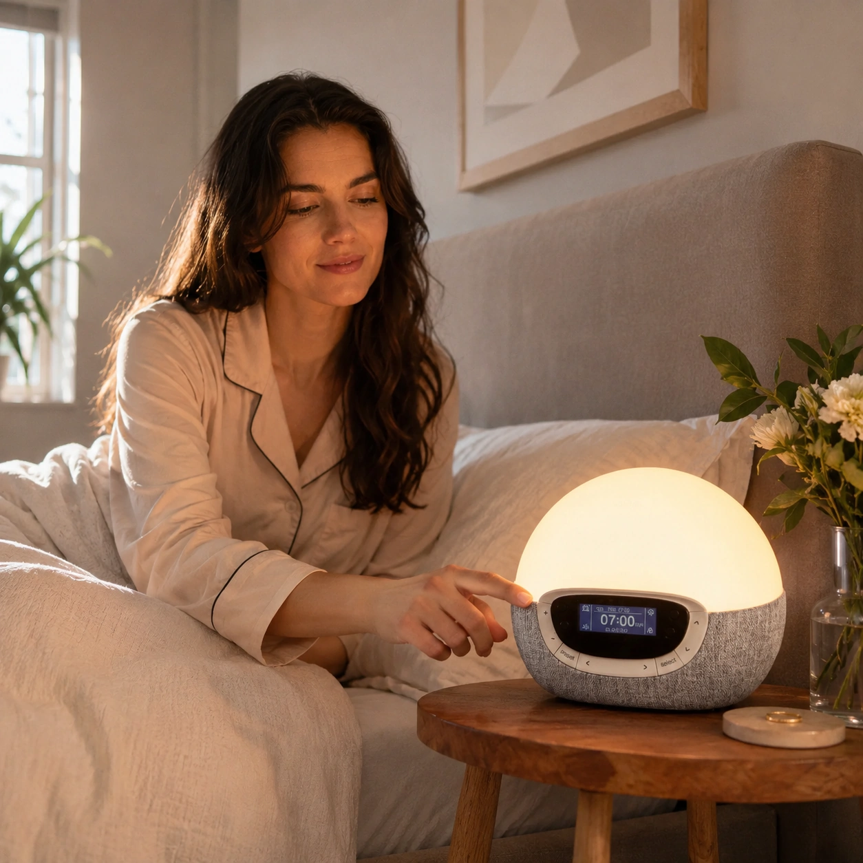 Lumie Bodyclock Rise300 in a cozy bedroom morning routine scene