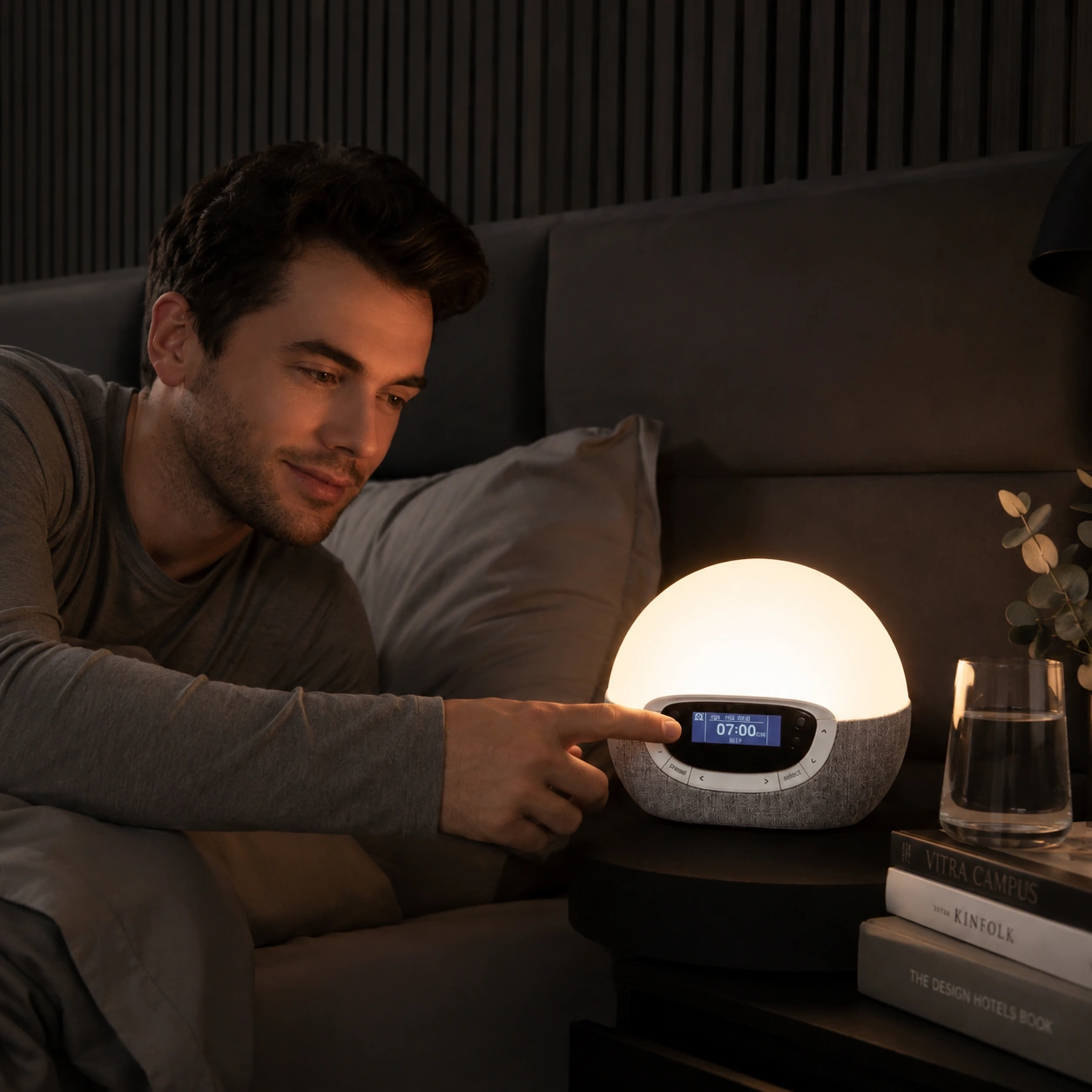 Lumie Bodyclock Rise300 wake-up light in a cozy morning bedroom scene