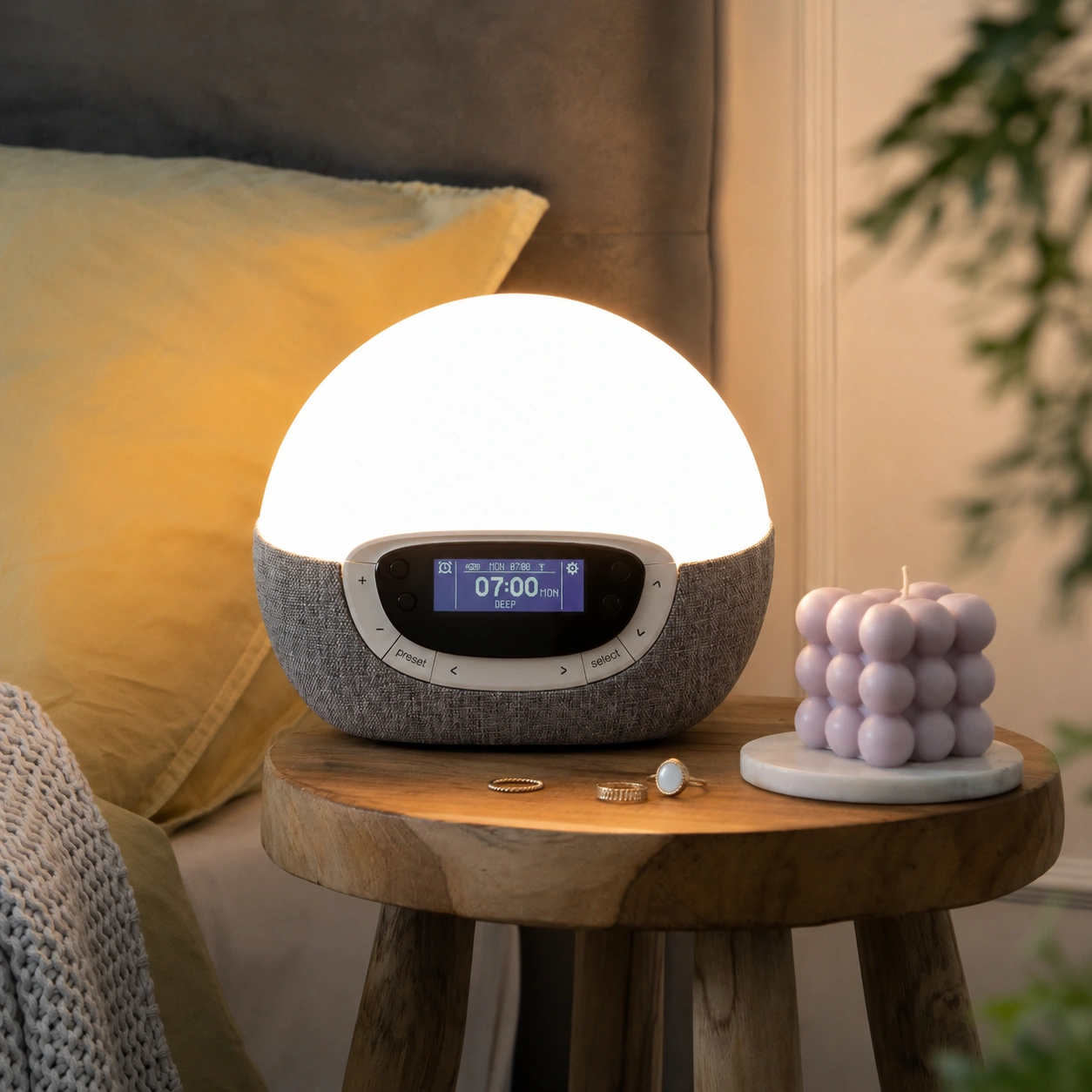 Lumie Bodyclock Rise300 used as a night lamp with bedside accessories