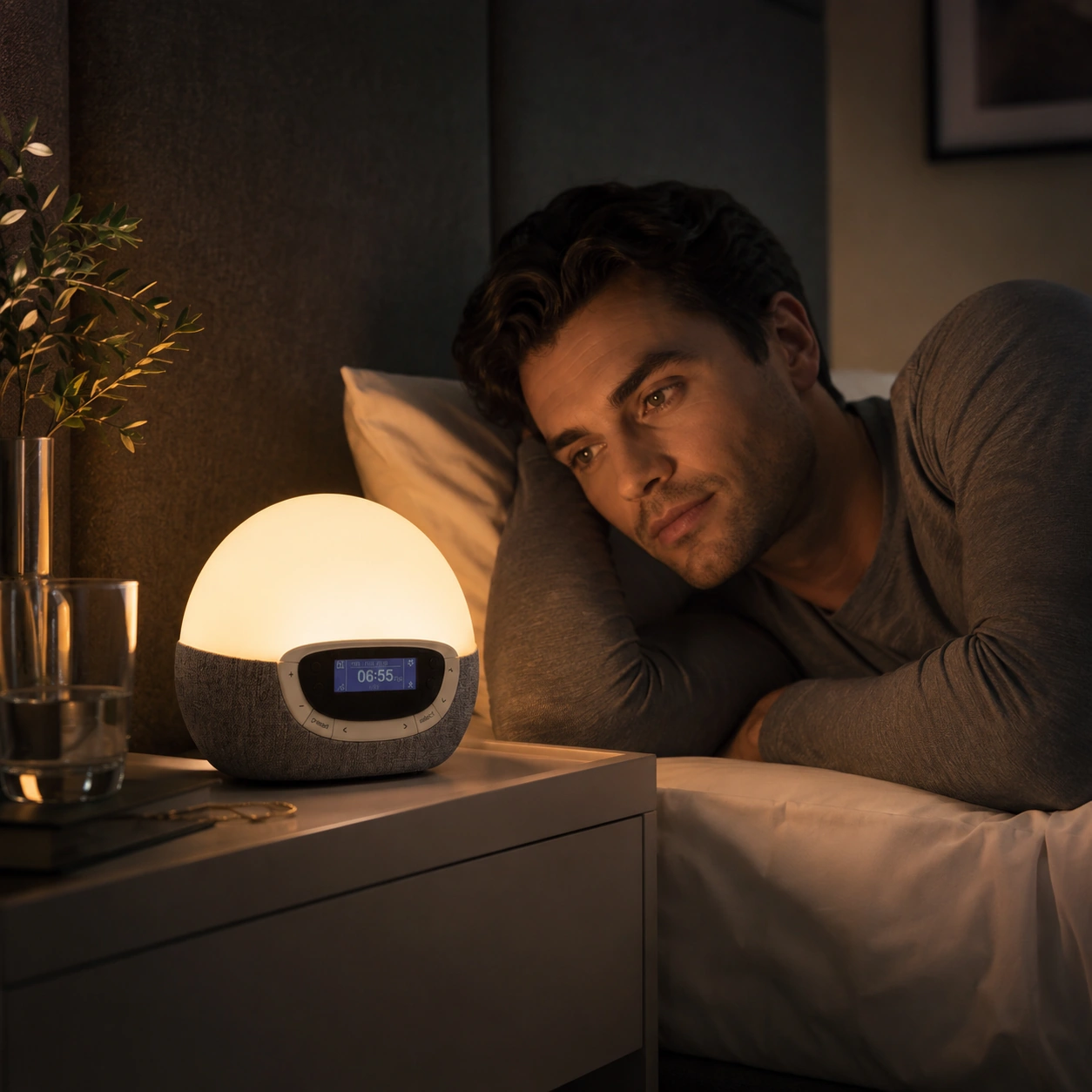 Lumie Bodyclock Rise300 casting a soft glow in a quiet night bedroom
