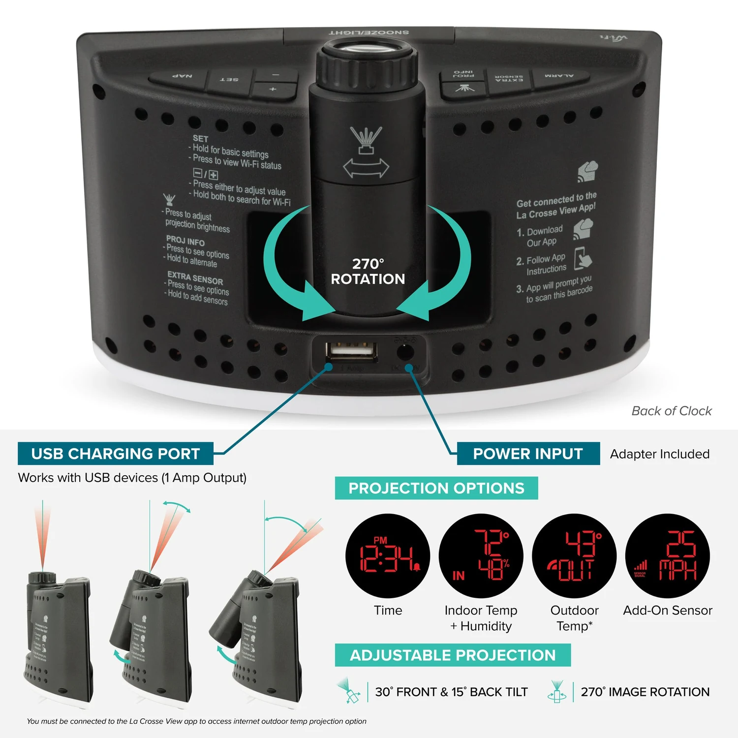 La Crosse C82929v2 Wi-Fi Projection Alarm Clock shown for Alarm Clocks with USB or Wireless Charging
