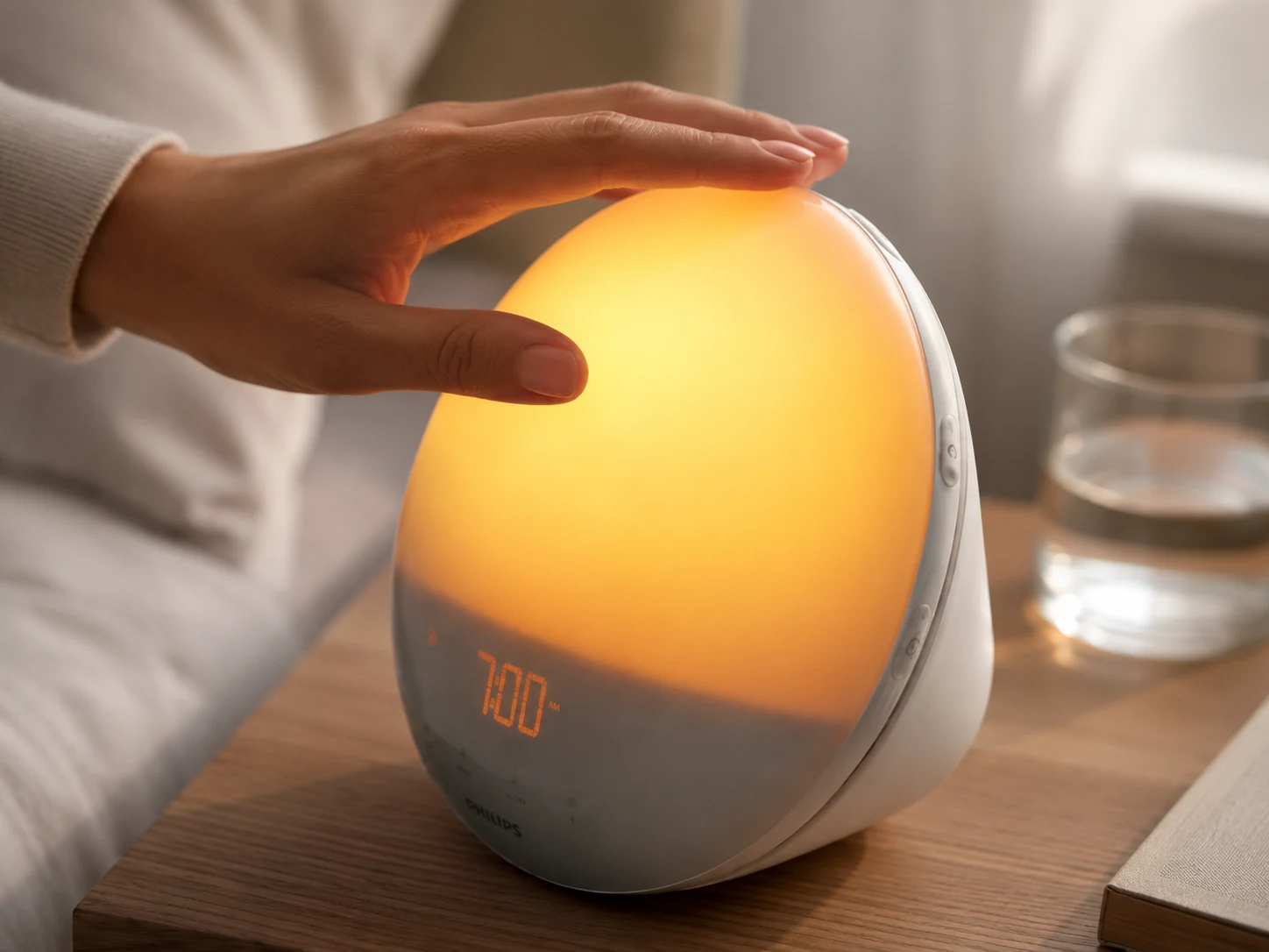 Philips SmartSleep HF3520/60 shown for Dimmable Alarm Clock Displays and True Display-Off Modes