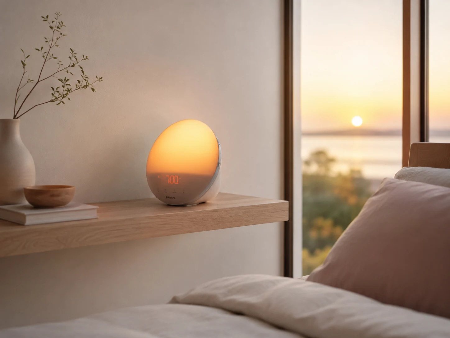 Philips SmartSleep HF3520/60 on a floating shelf in a minimalist sunrise bedroom