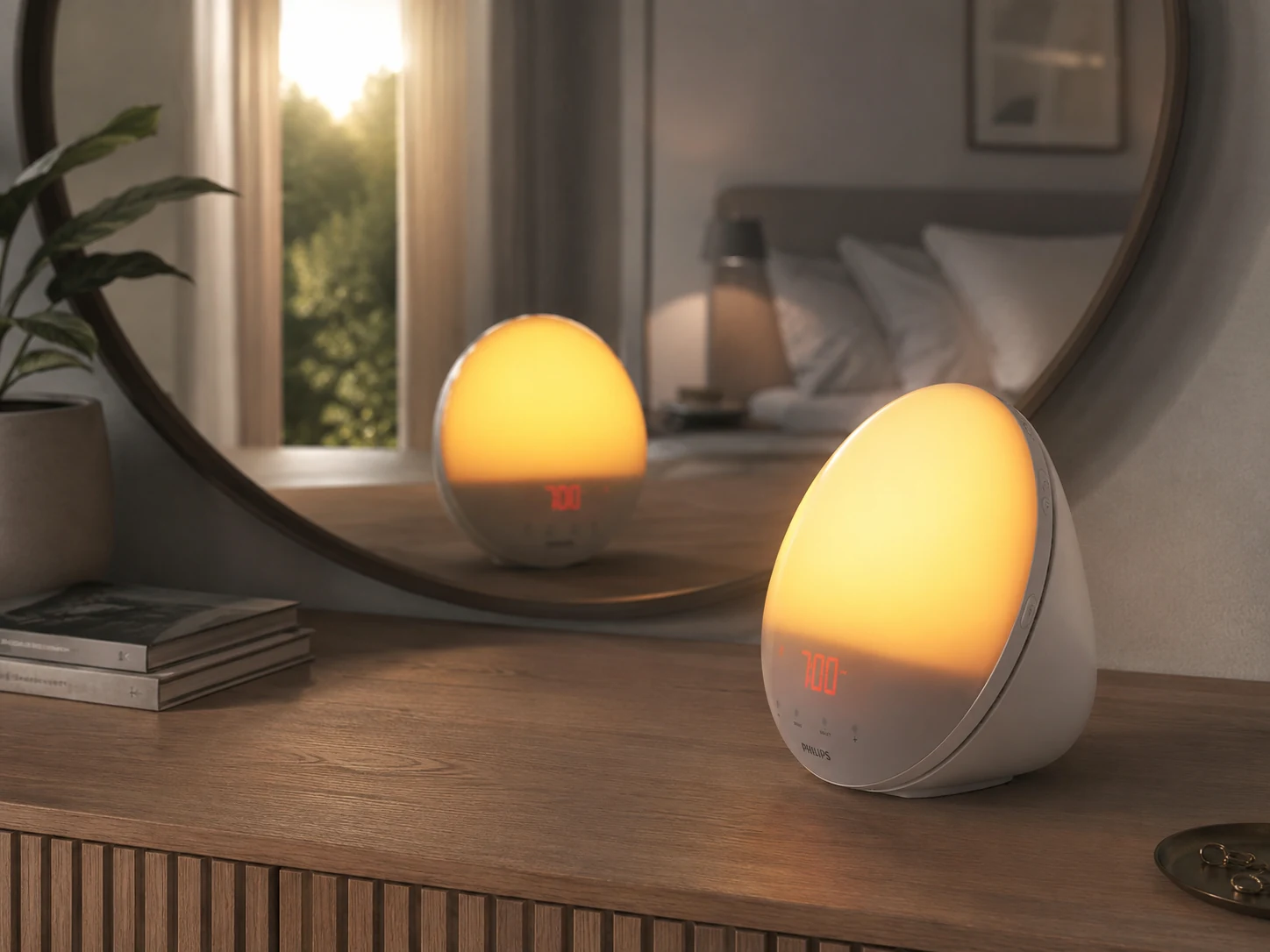 Philips SmartSleep HF3520/60 reflected in a round bedroom mirror on a dresser