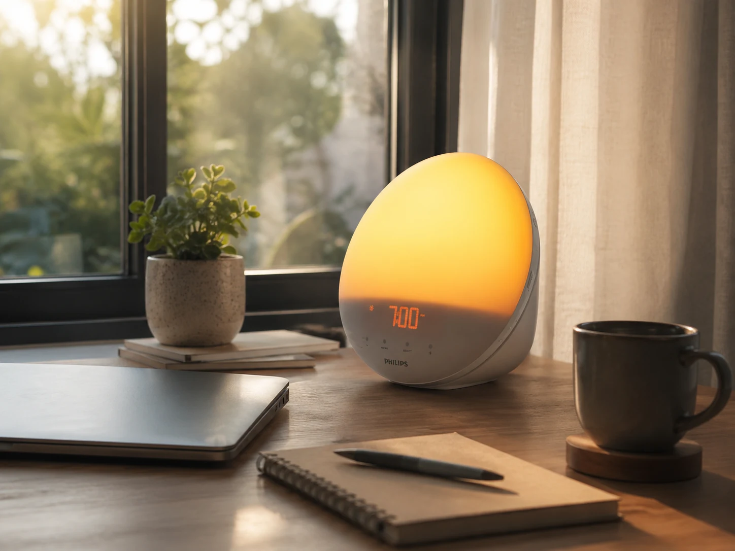 Philips SmartSleep HF3520/60 on a tidy morning desk with laptop, notebook, and coffee