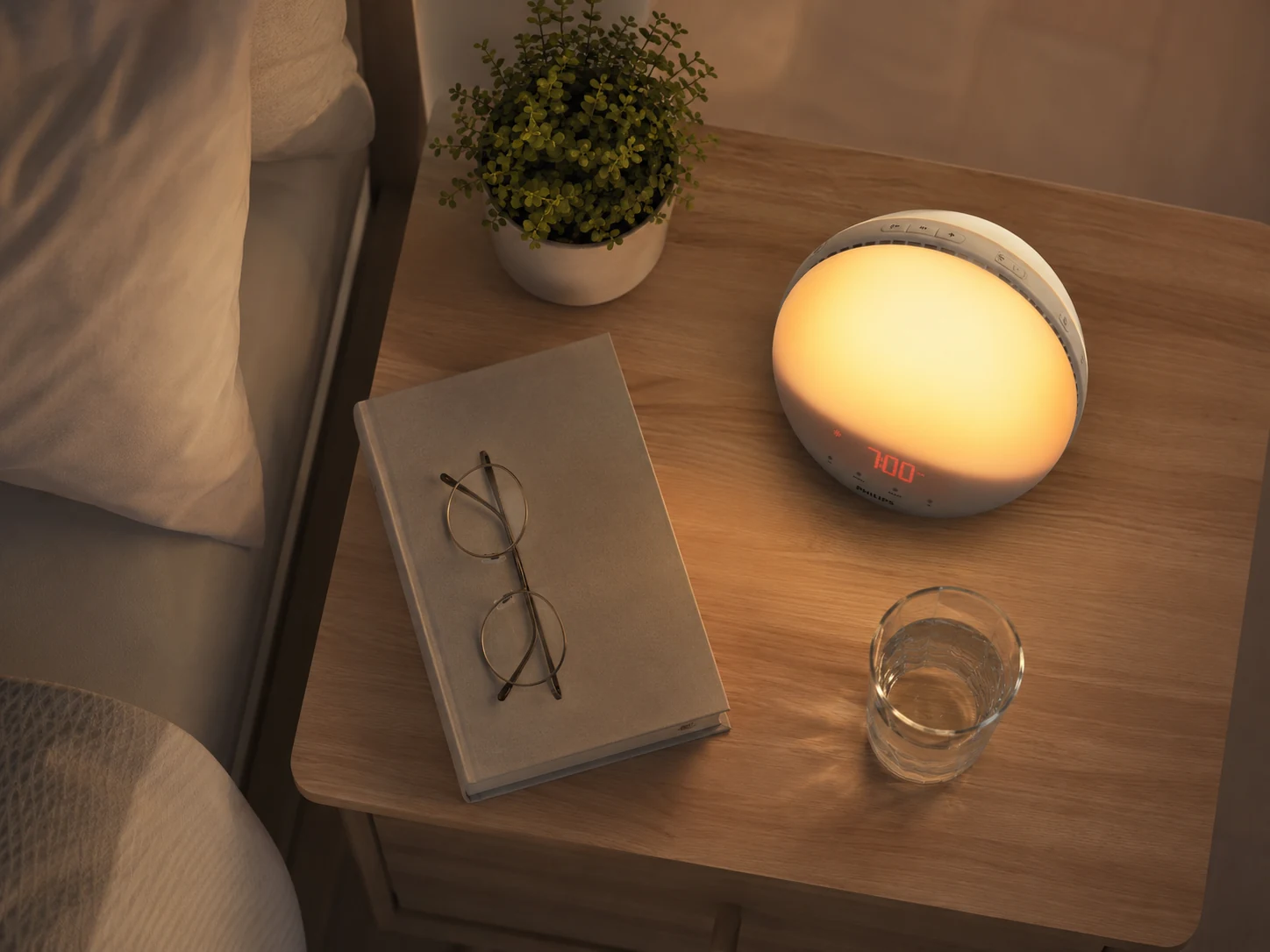 Overhead nightstand view with Philips SmartSleep HF3520/60, book, glasses, plant, and water