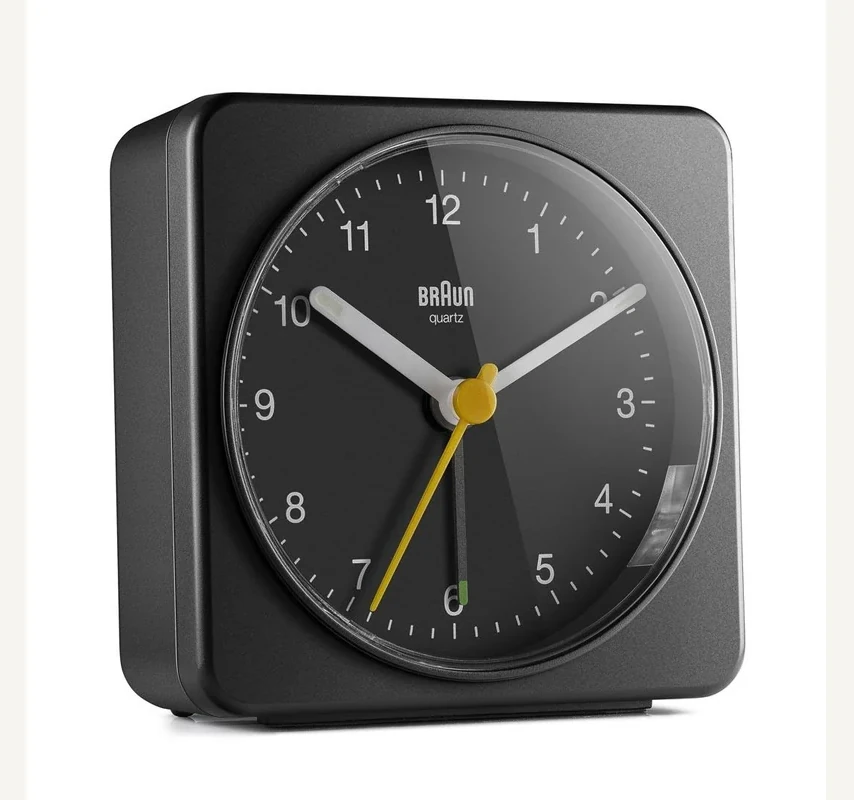 Black Braun BC03B analog alarm clock viewed from the front