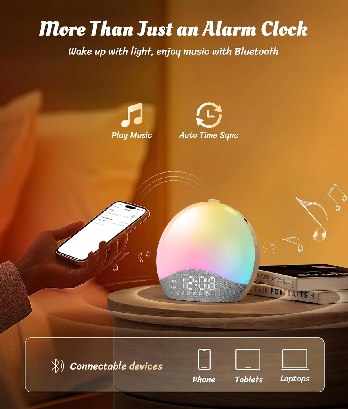 Exact ecozy Lumo Lite E60A beside a phone during optional Bluetooth playback