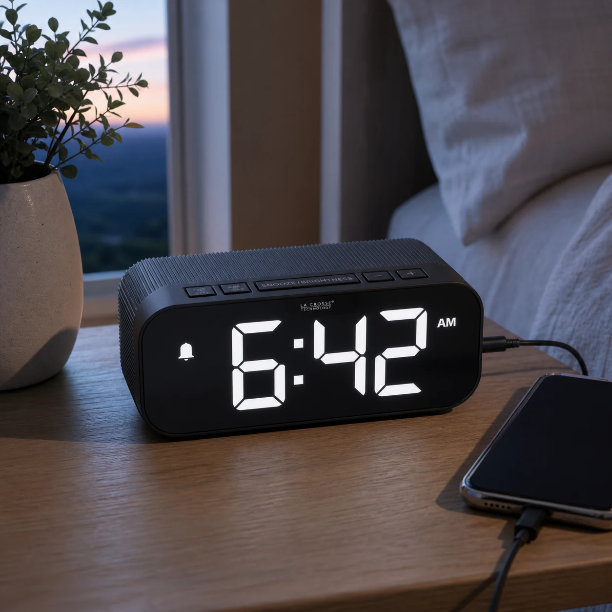 Black La Crosse Technology 617-714 digital alarm clock