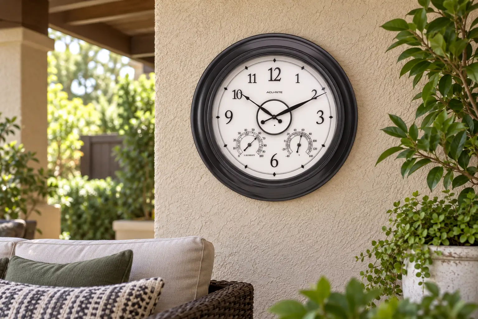 AcuRite 75133M illustrated on a dry wall beneath a covered patio roof.