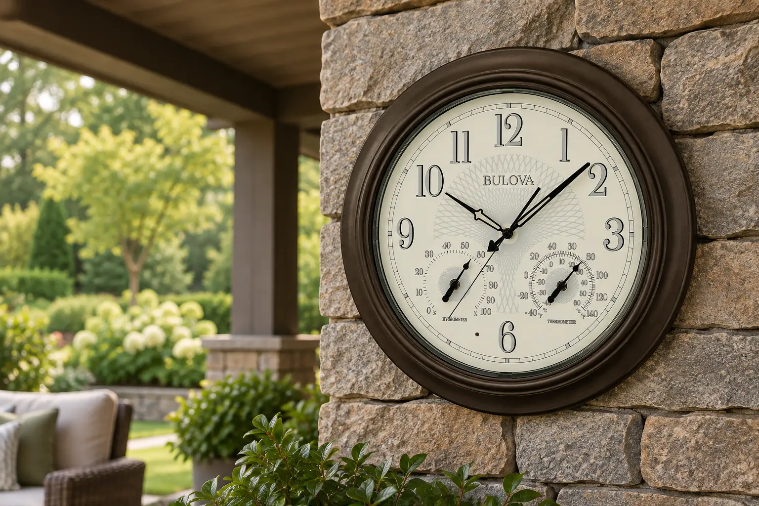 Bulova C4813 Weather Master illustrated on a dry wall beneath a covered patio roof.