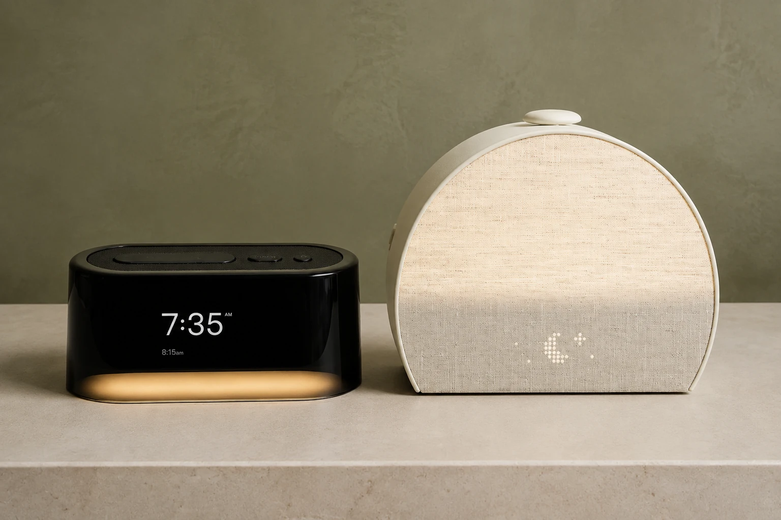 Hatch Restore 3 and Loftie Clock beside each other for a light and sound alarm comparison