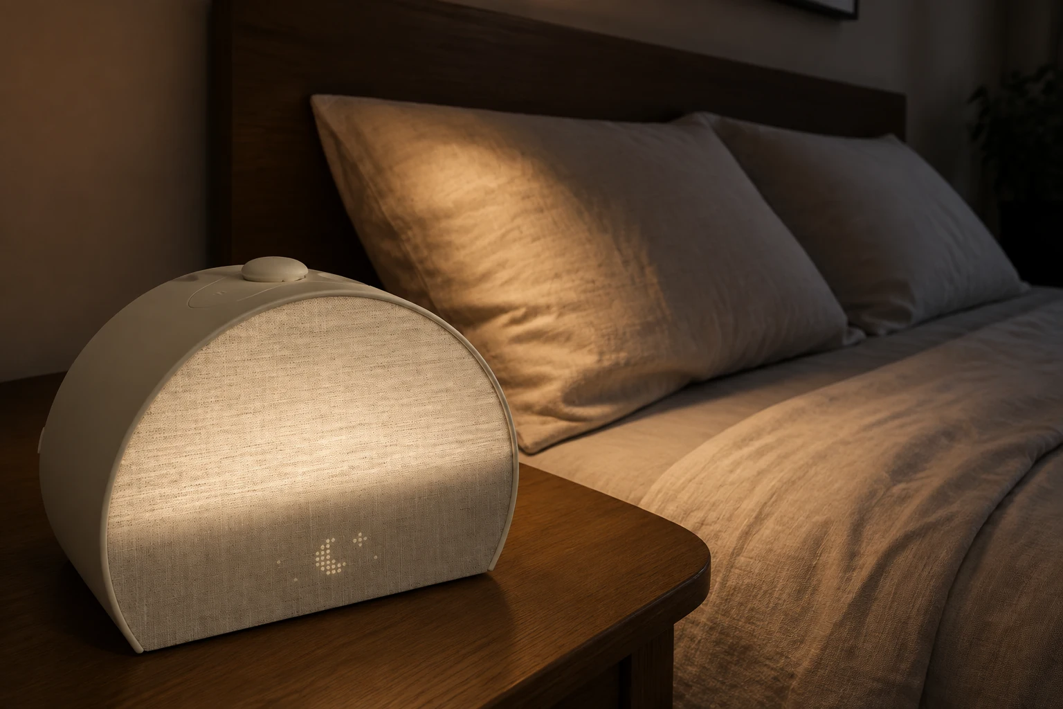 Hatch Restore 3 on a bedside table beside two unoccupied pillows in a dim bedroom